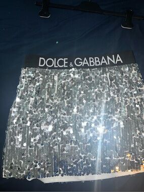 Dolce & Gabbana Silver Sequin Mini Skirt with Logo Waistband